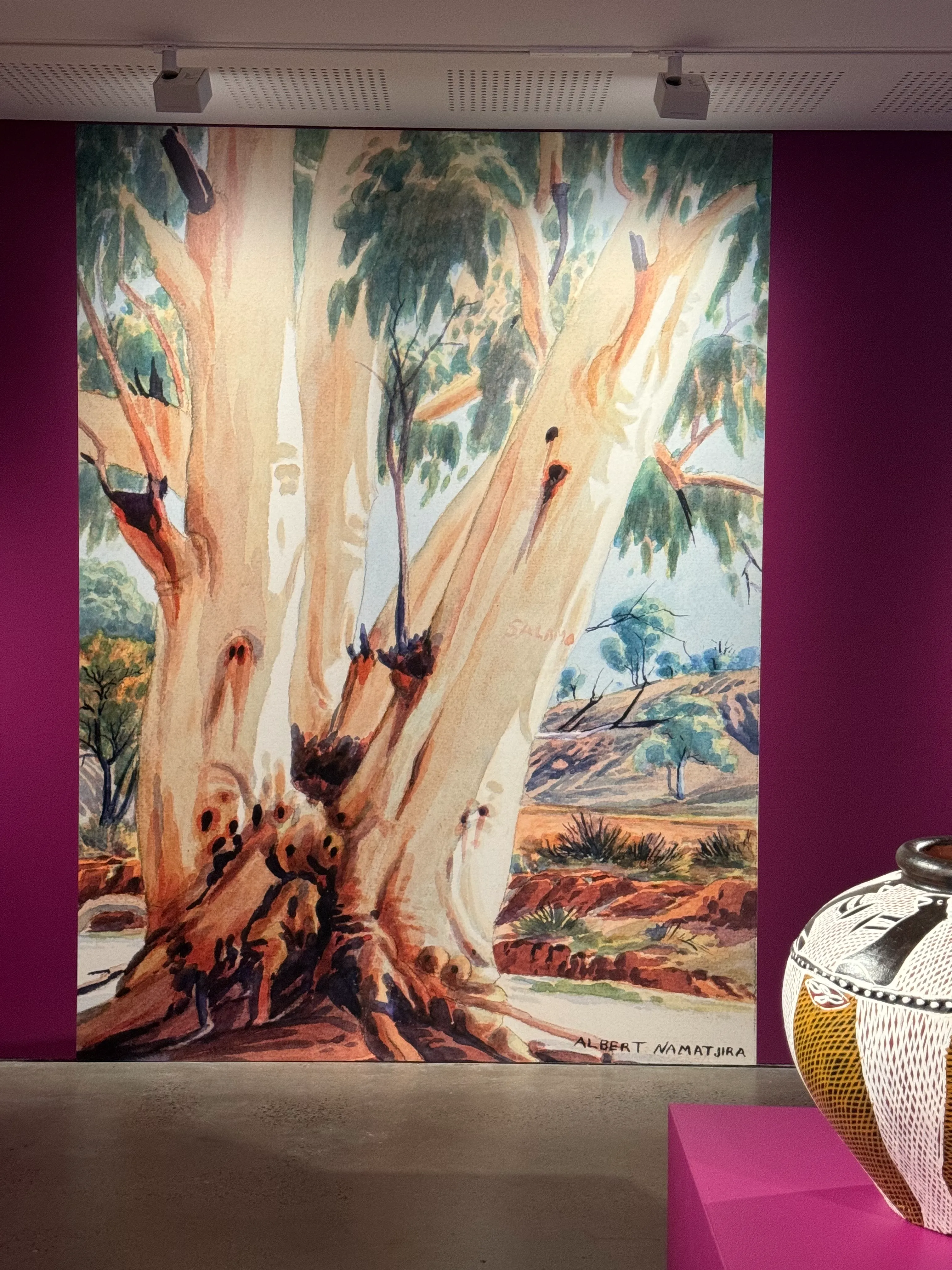 Reproduction of artist Albert Namatjira's painting on wallpaper at Mcontemporary Gallery