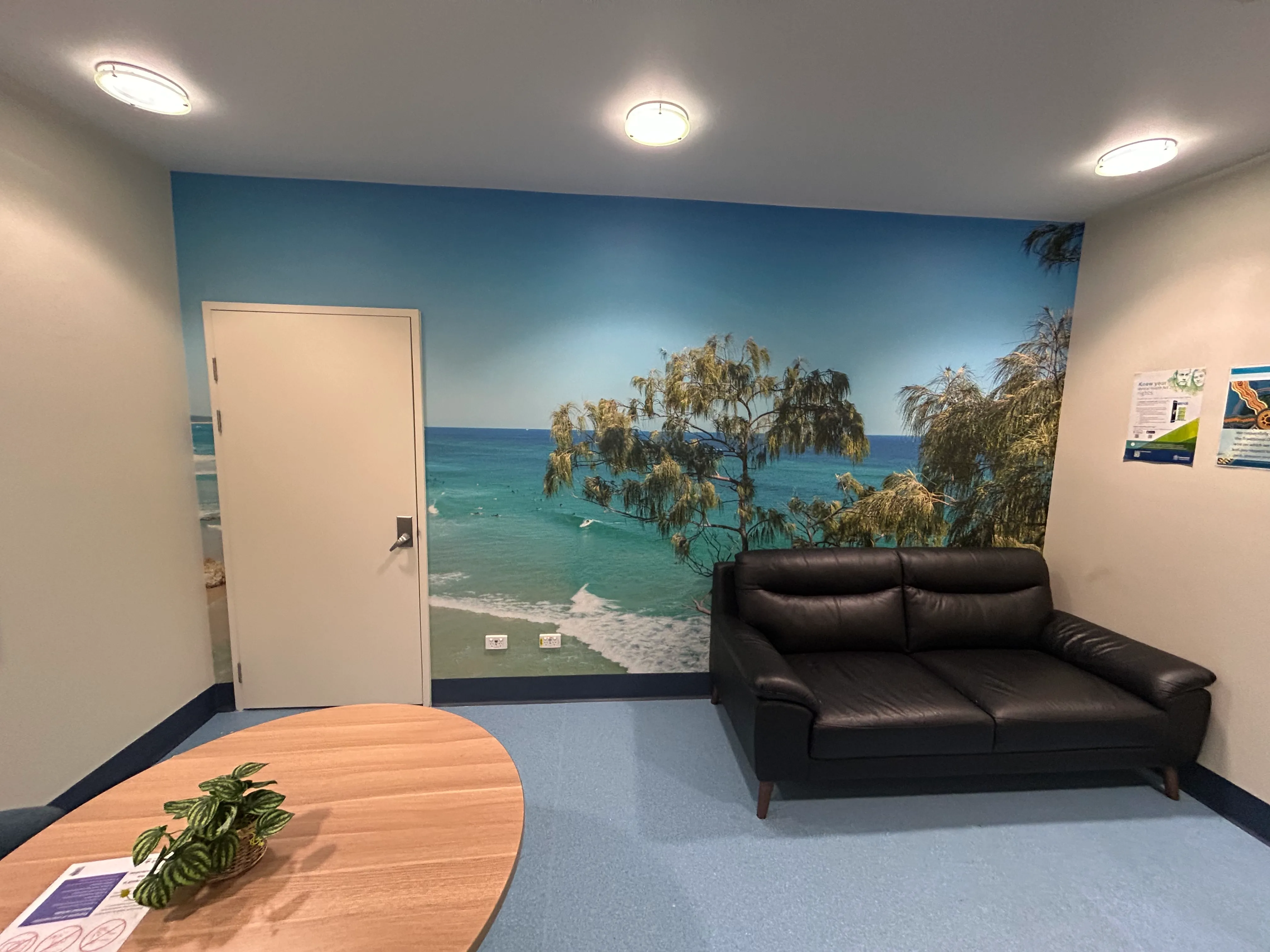 Relaxing beach wallpaper in breakout room for nurses at Melbourne hospital