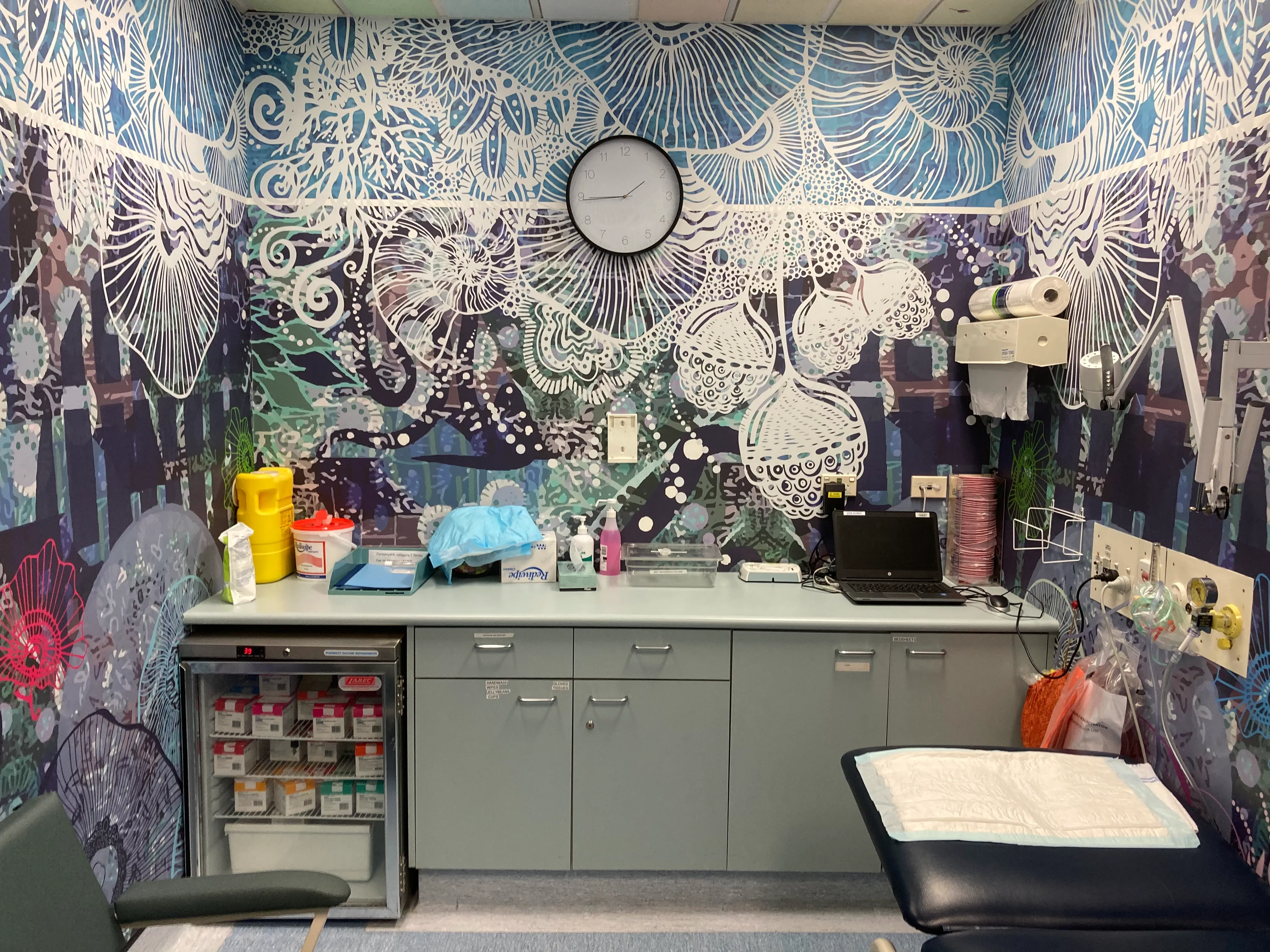 Art wallpaper mural in medial treatment room for children