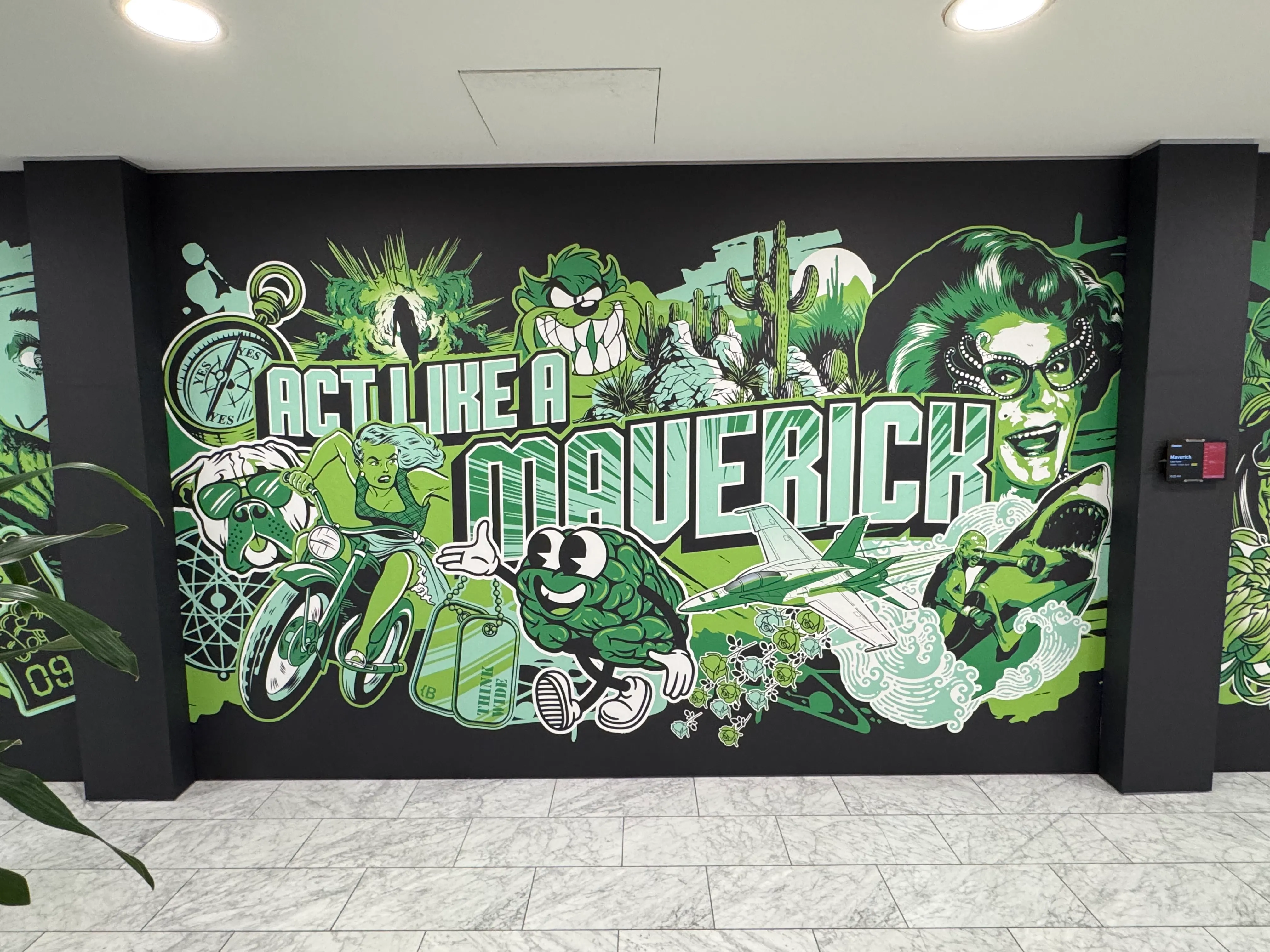 Custom printed wallpaper in advertising ageny office with creative illustration
