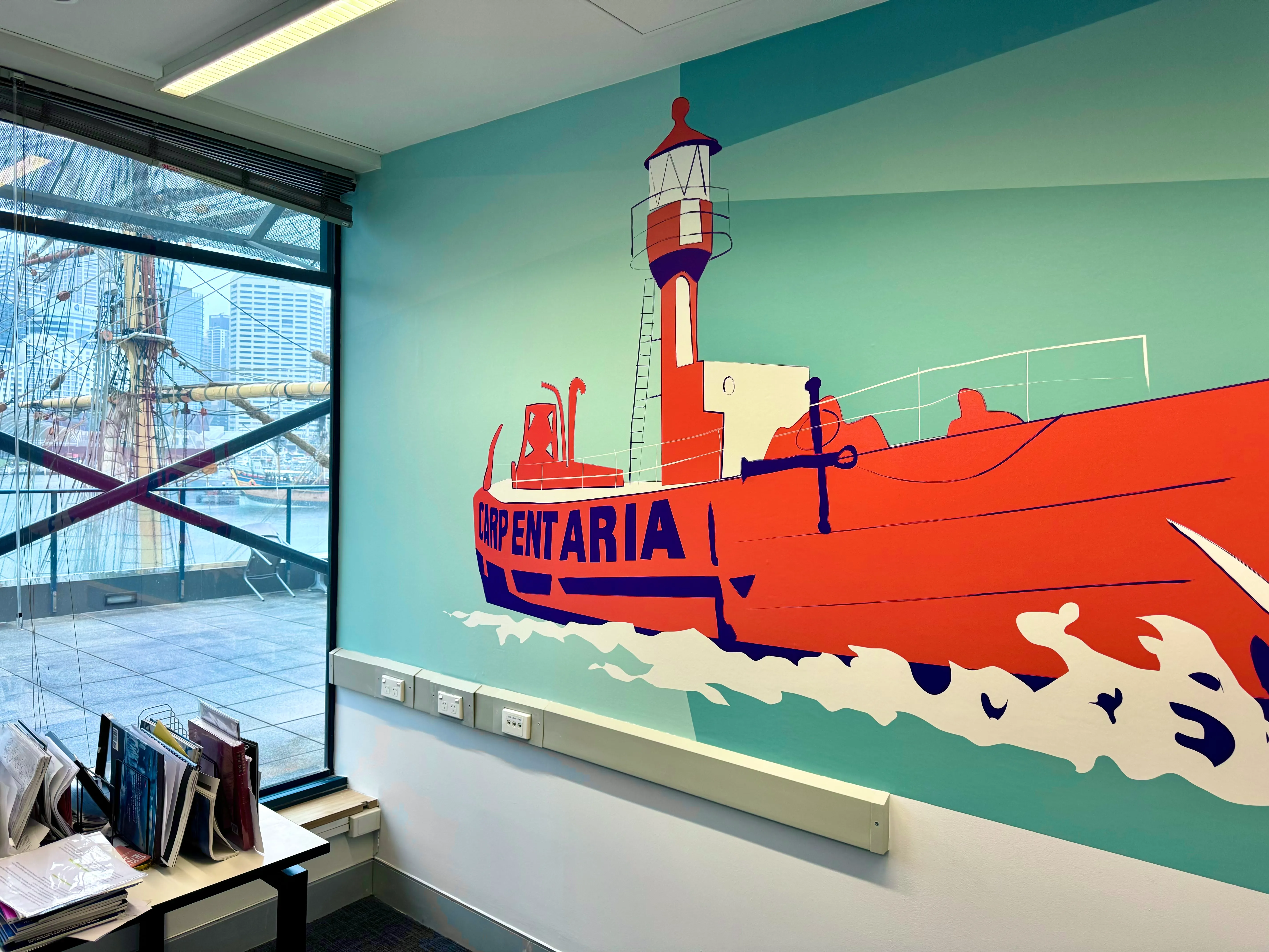Custom printed illustration wallpaper in maritime museum office