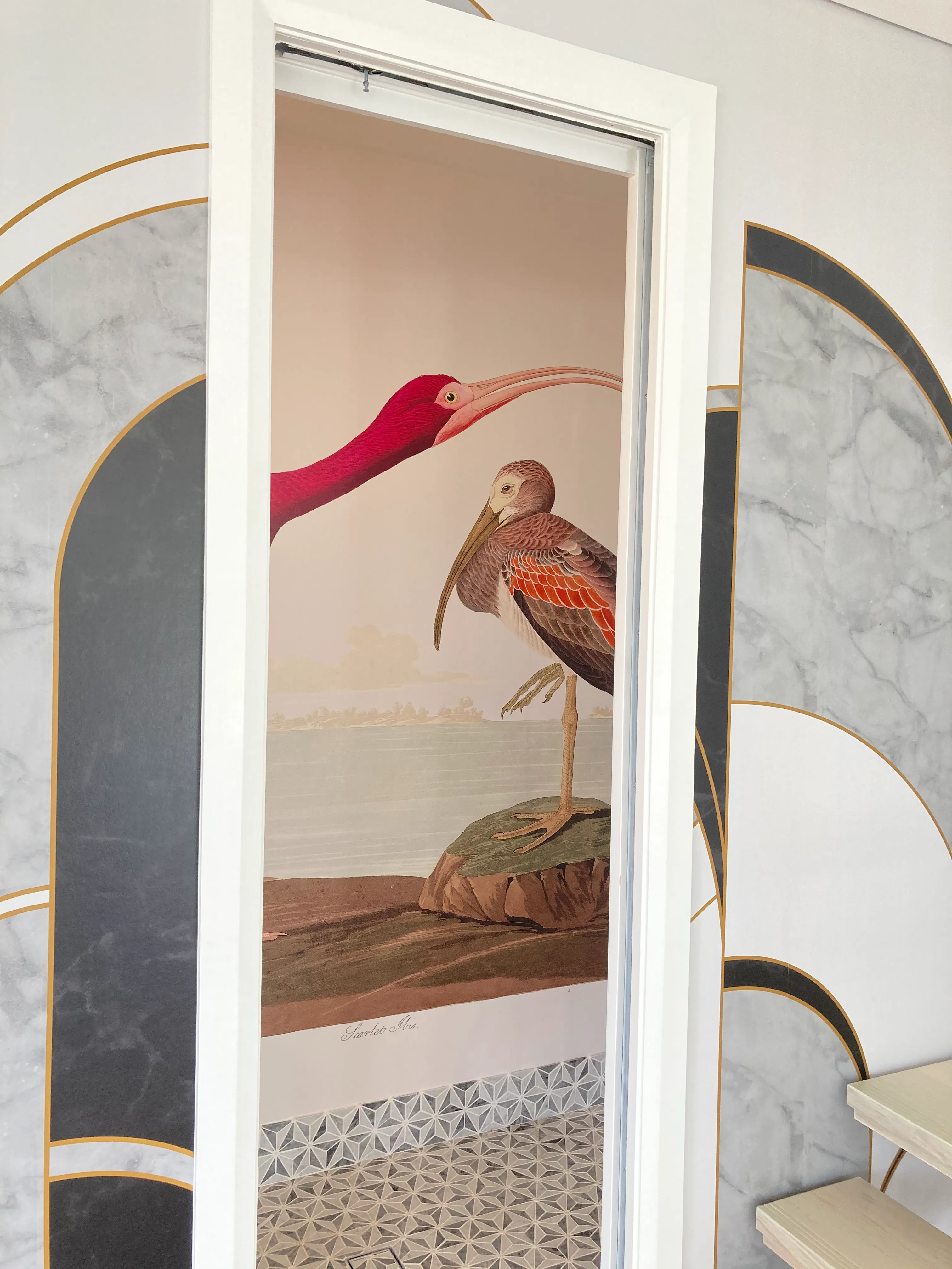 Vintage bird illustration on custom wallpaper for residential bathroom