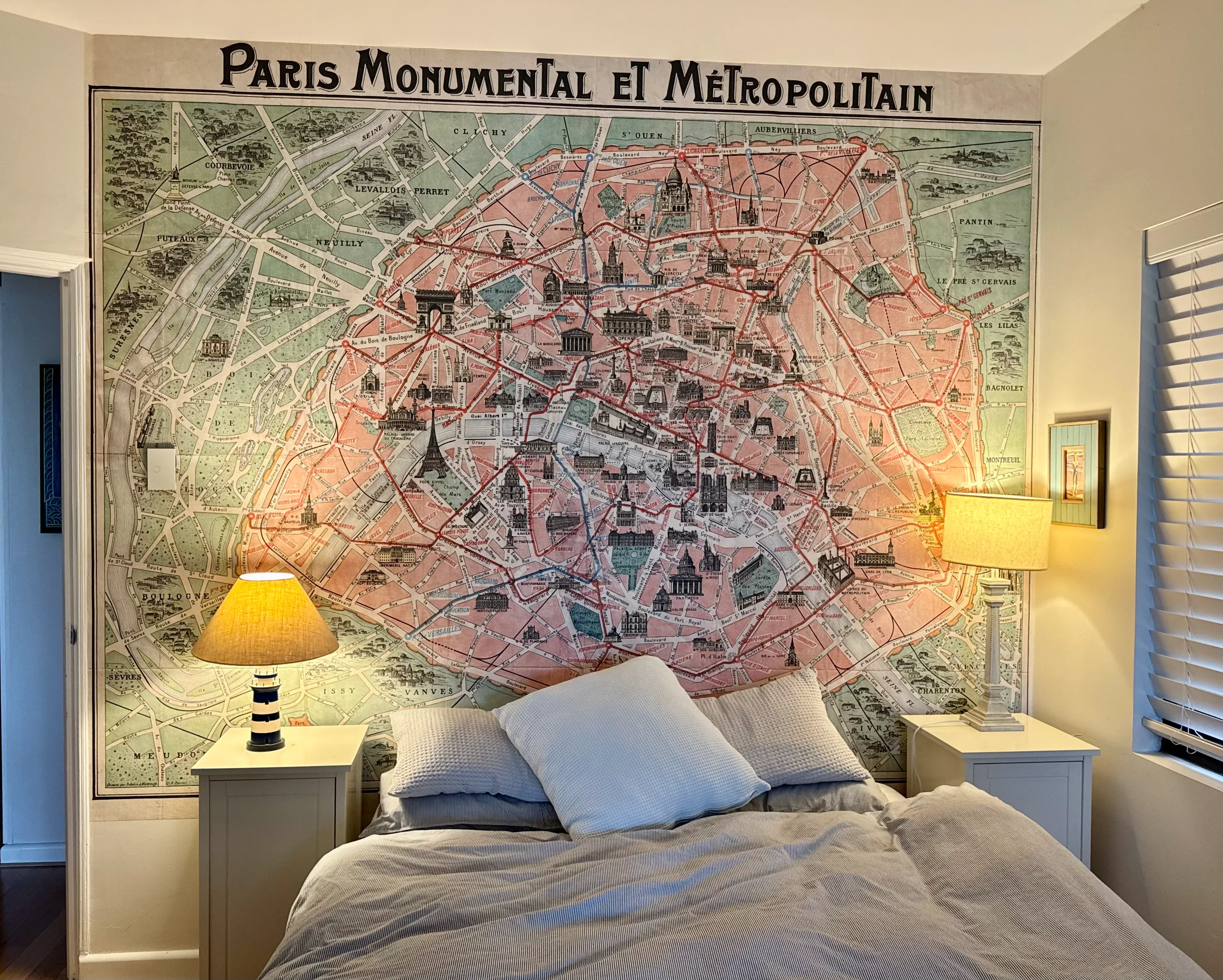 Custom printed wallpaper mural: Vintage map of Paris on bedroom wall