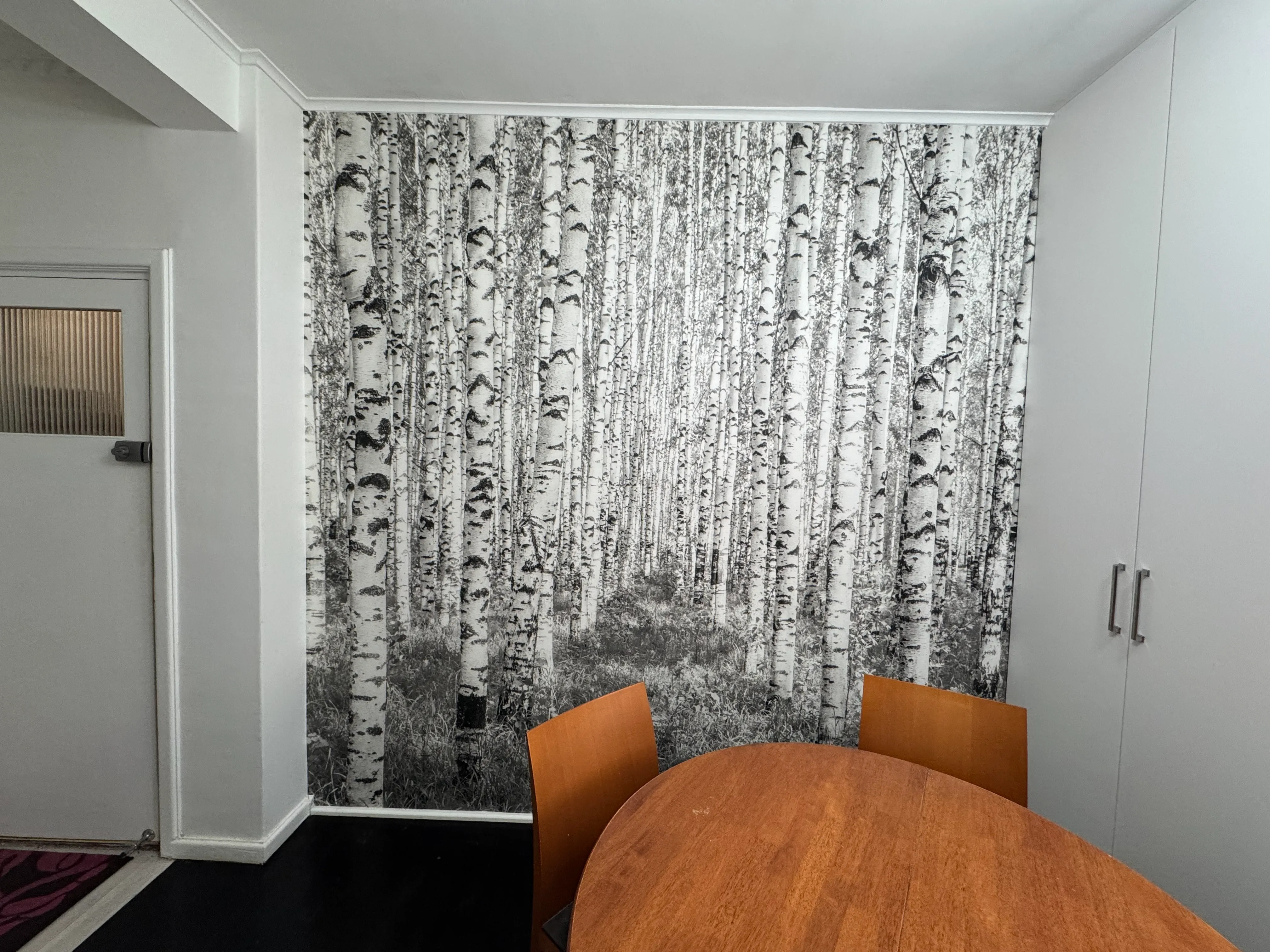 Birch tree forest wallpaper mural for residential eat-in kitchen