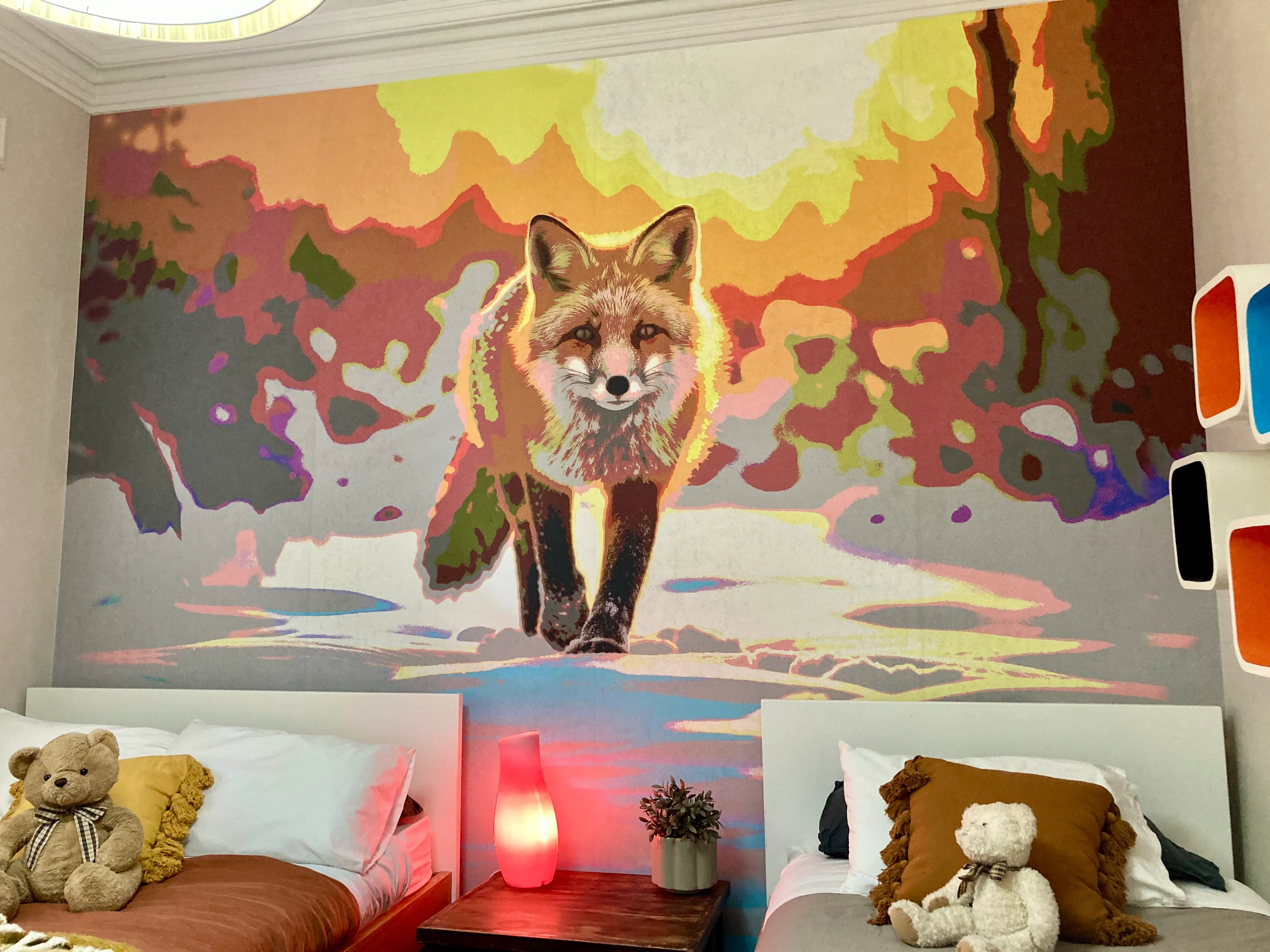 Fox illustration for kid's bedroom on custom printed wallpaper