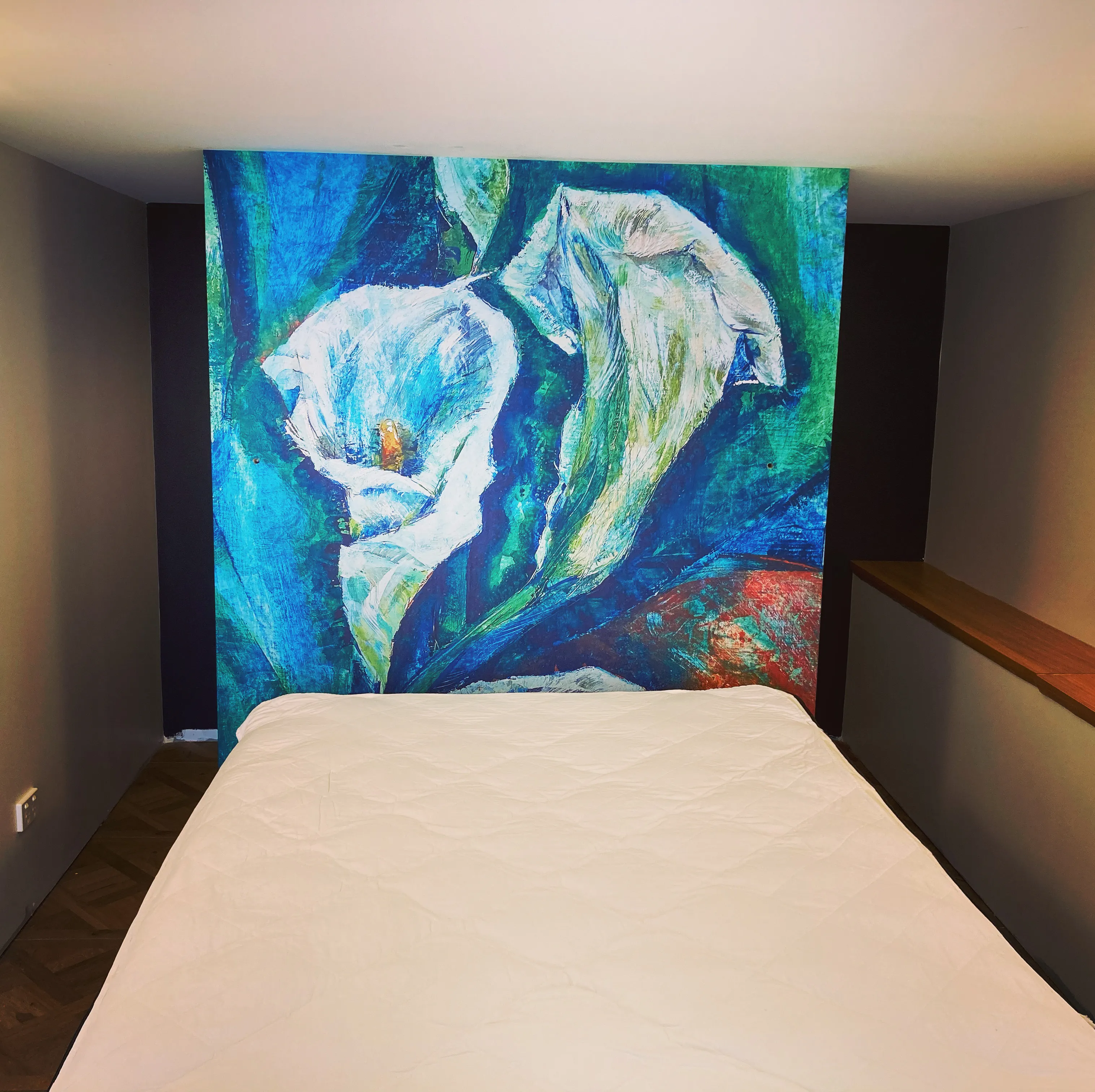 Reproduction of clients painting on wallpaper on bedroom wall