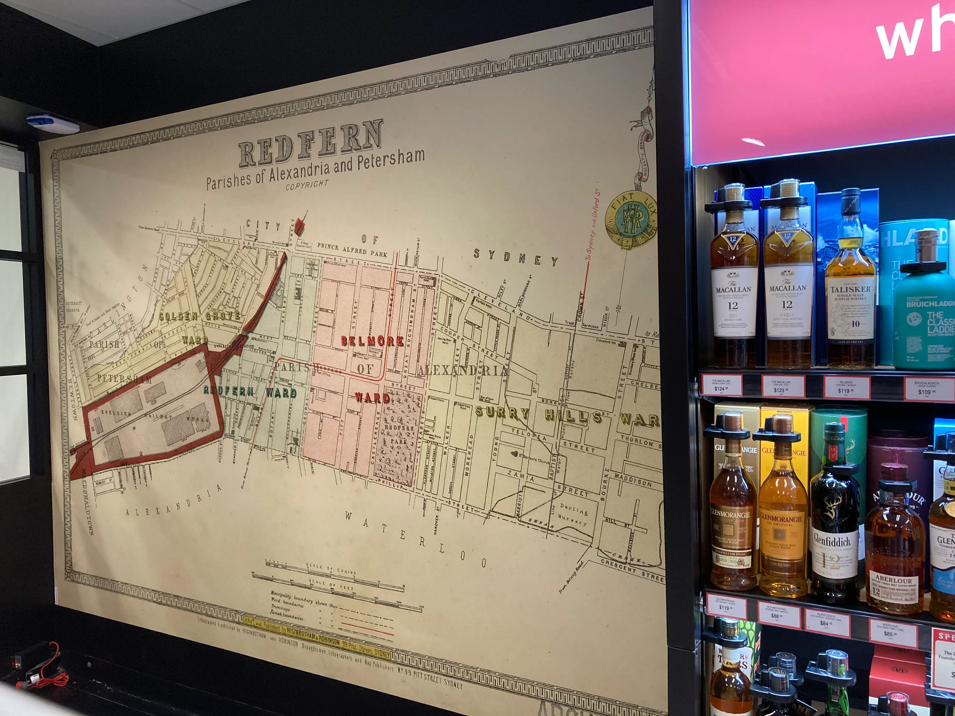 Vintage Redfern council map of Redfern on custom wallpaper in liquor shop
