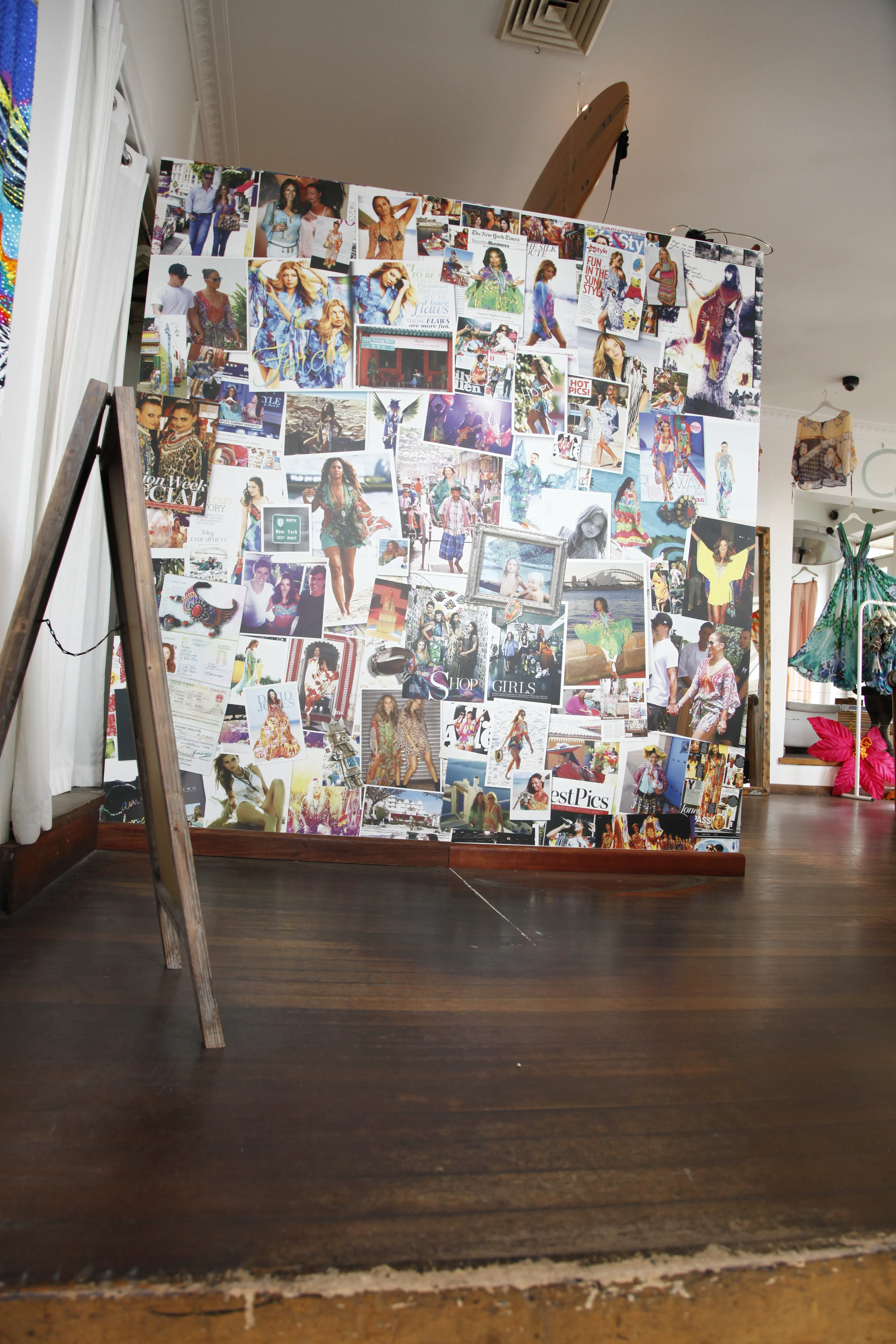 magazine collage on custom printed wallpaper for fashion boutique