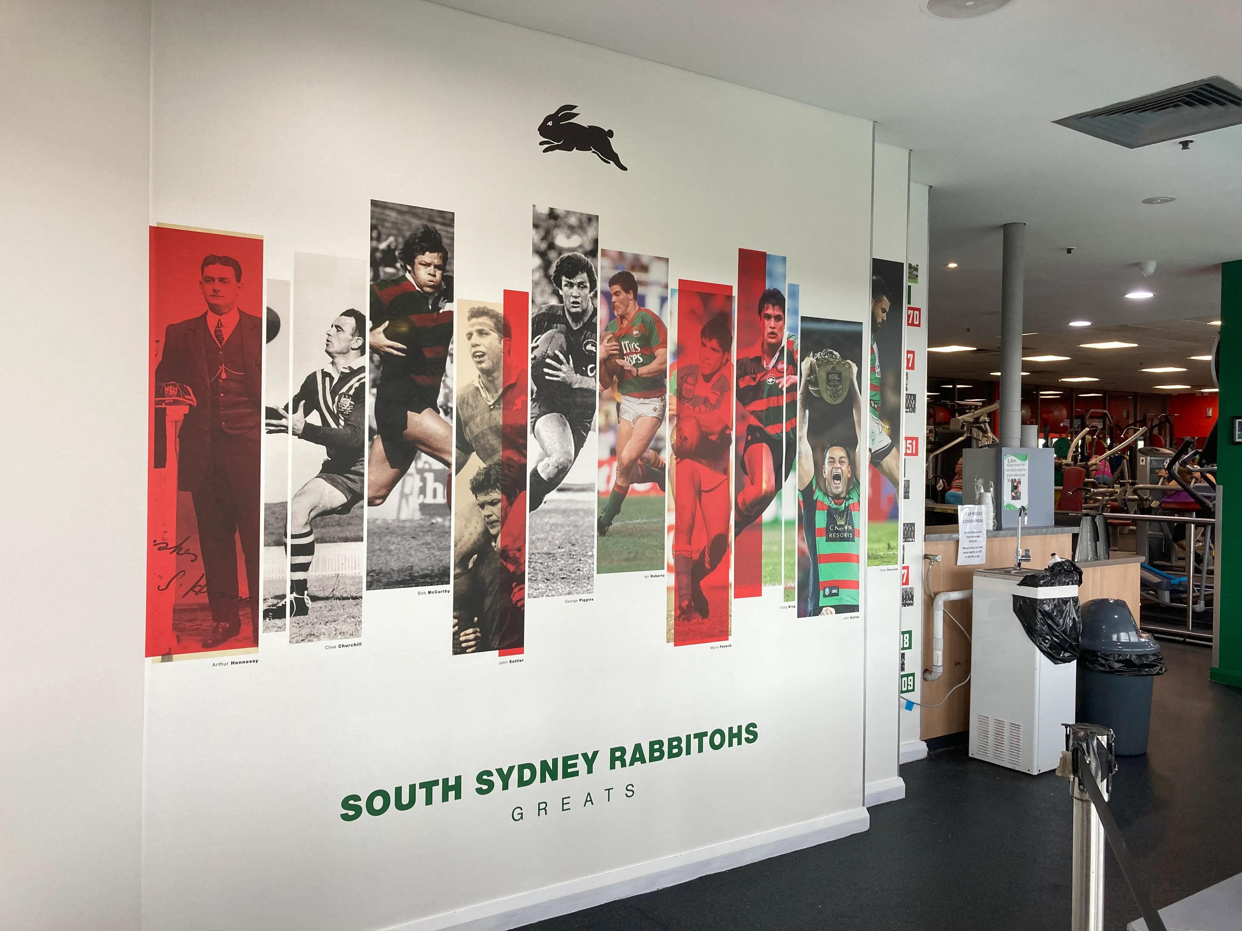 Custom printed wallpaper mural in gym at South Sydney Rabbitohs