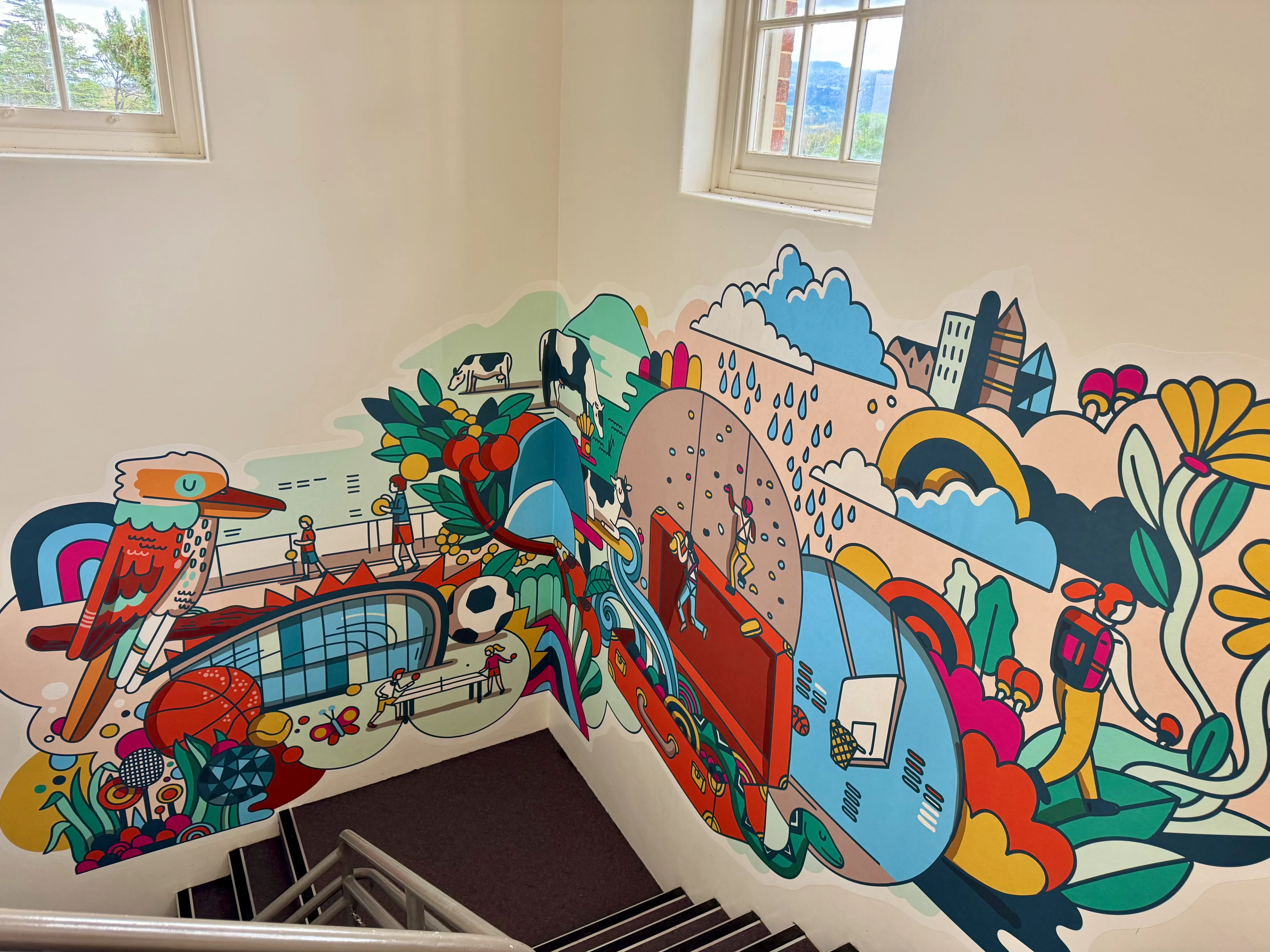 Sprts themed illustration by artist jame Gulliver Hancock on custom wallpaper in NSW Education recreation facility