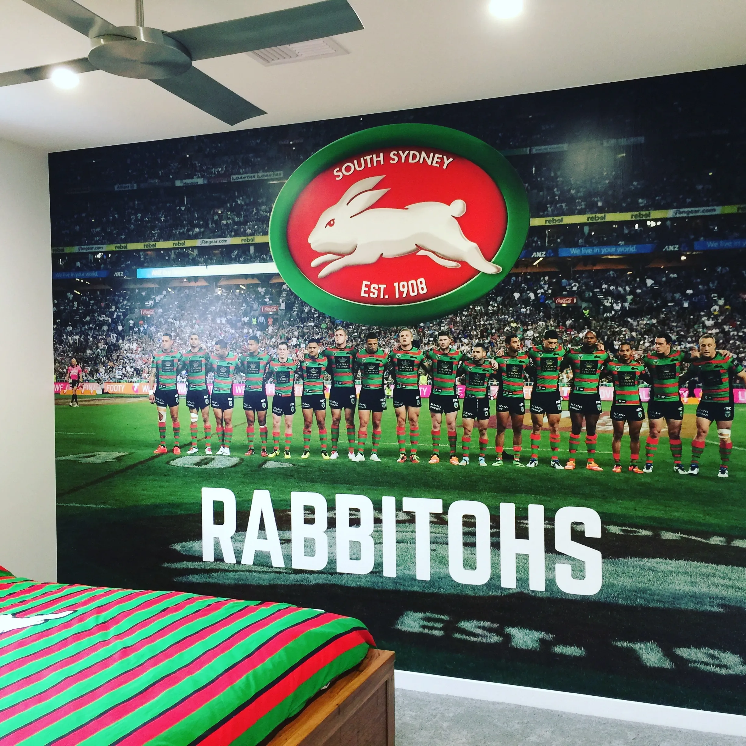 Rabbitohs team photo on custom printed wallpaper for superfan kid's room