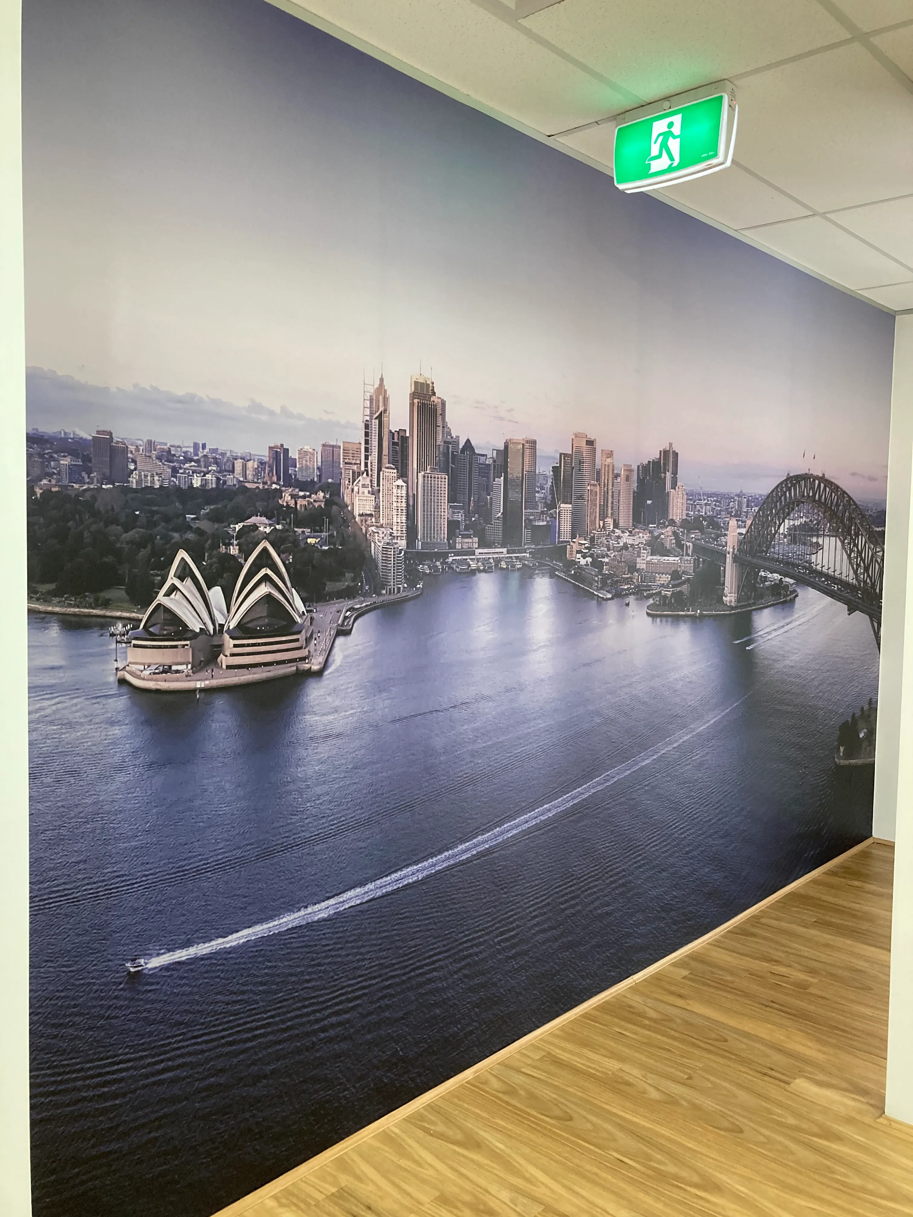 Custom printed Sydney panorama wallpaper mural for office entry area