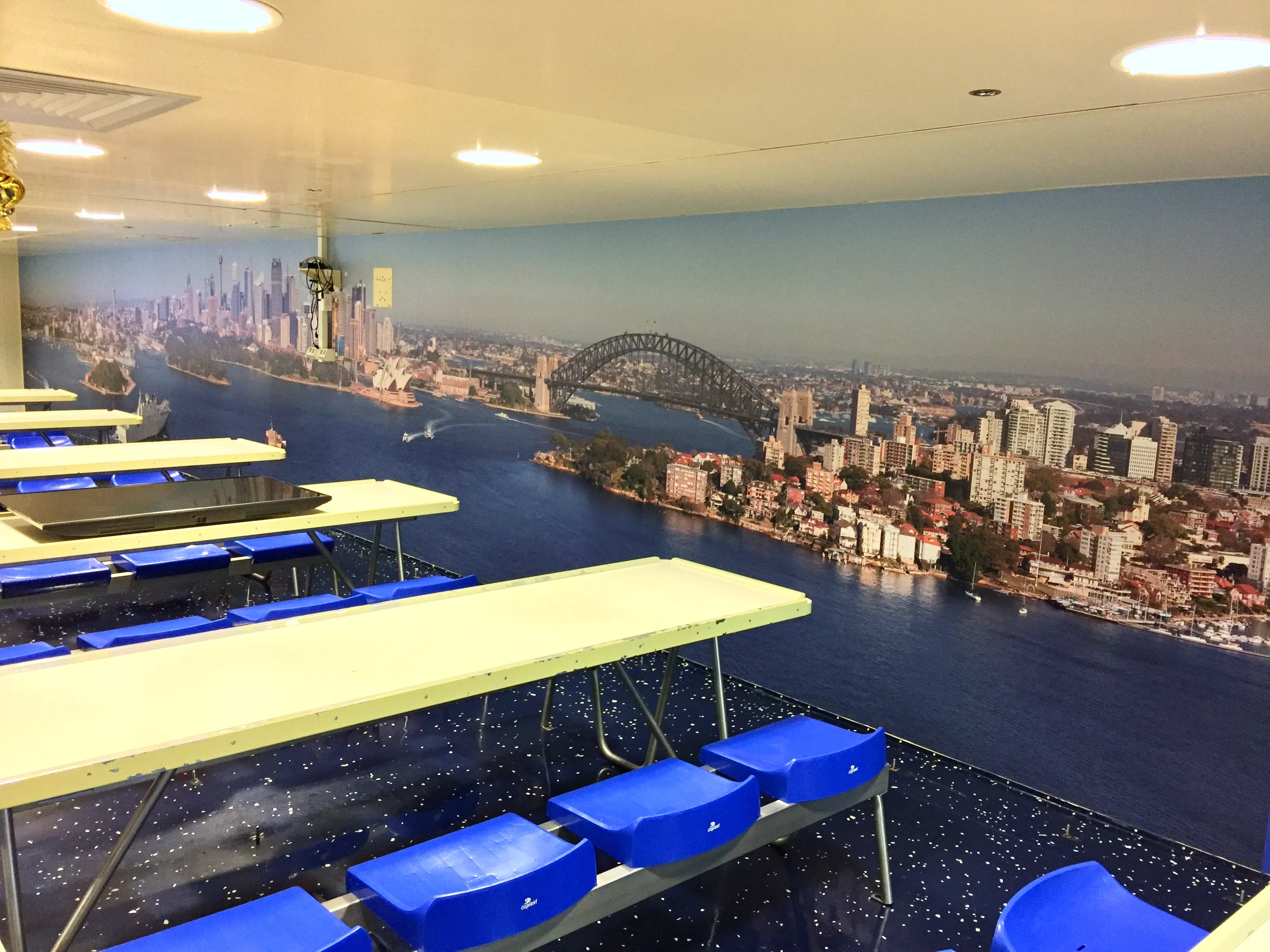 Custom printed Sydney aerial wallpaper in the canteen of Navy ship