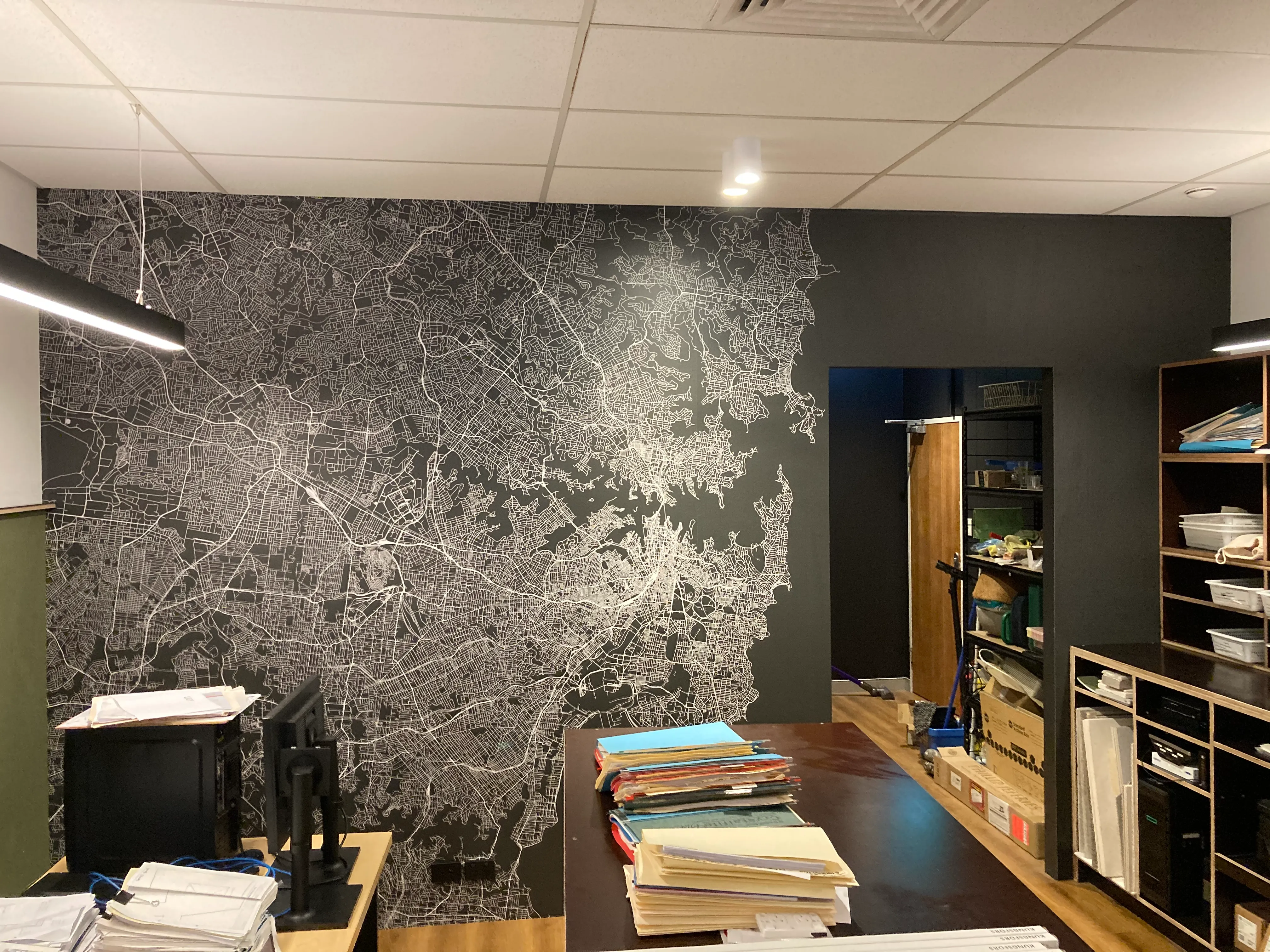 Stylised Sydney map on custom printed wallpaper for Sydney architecture office